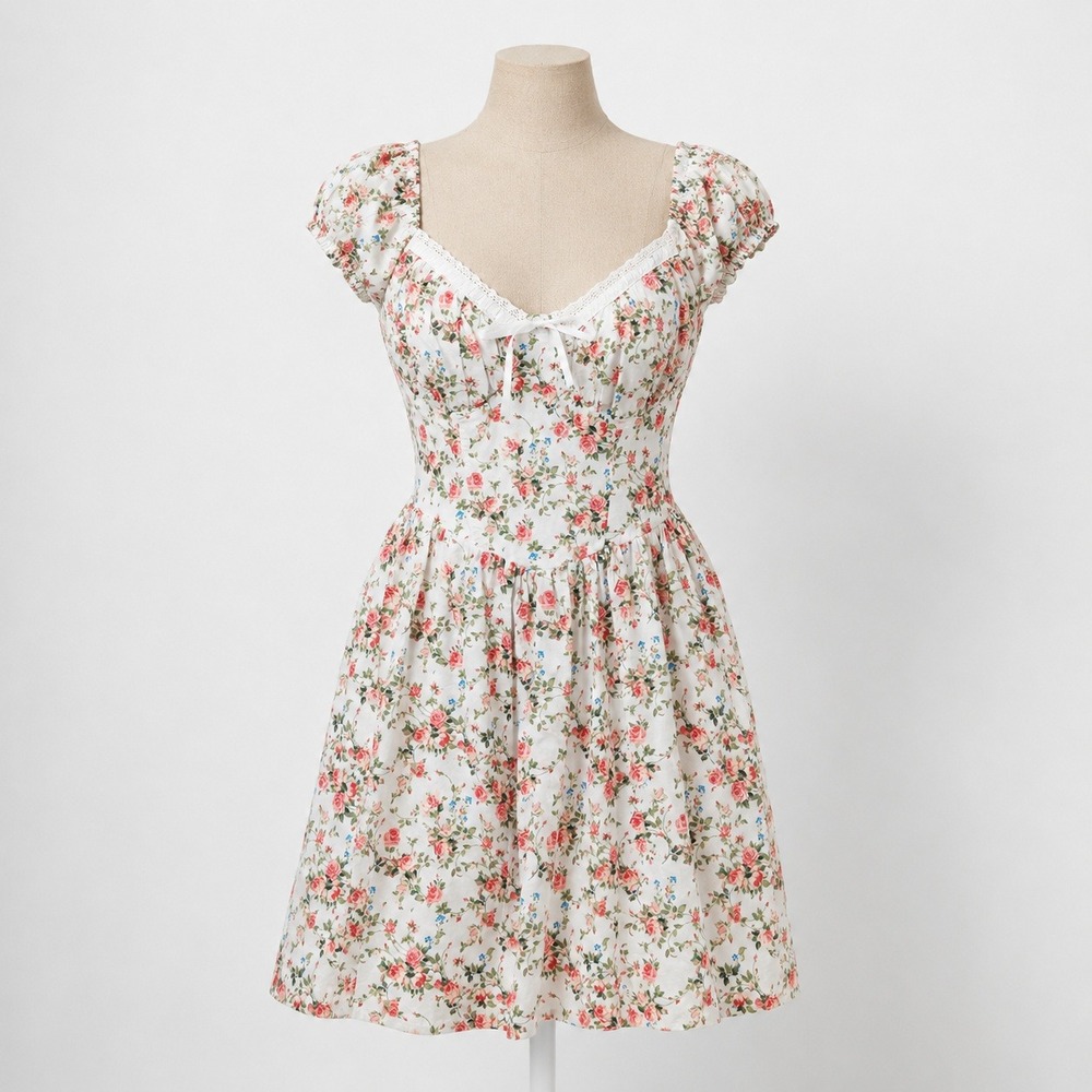 Floral Lace Basque Waist Peasant Mini Dress Size M Pink Coquette Cottage Fairy